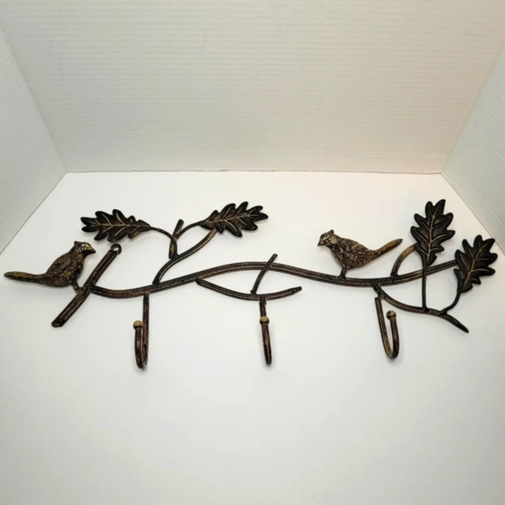 Decorative Birds On A Branch Rustic Metal Functional Wall Decor with Three Hooks